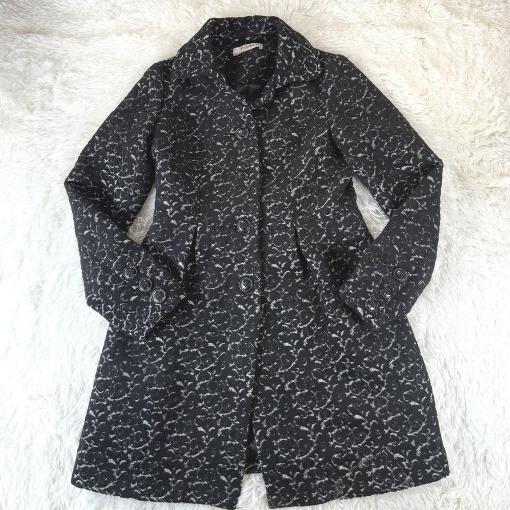 Romy XS Floral Pea Coat Jacket Black Button Long Sleeve Romantic Chic Cottage